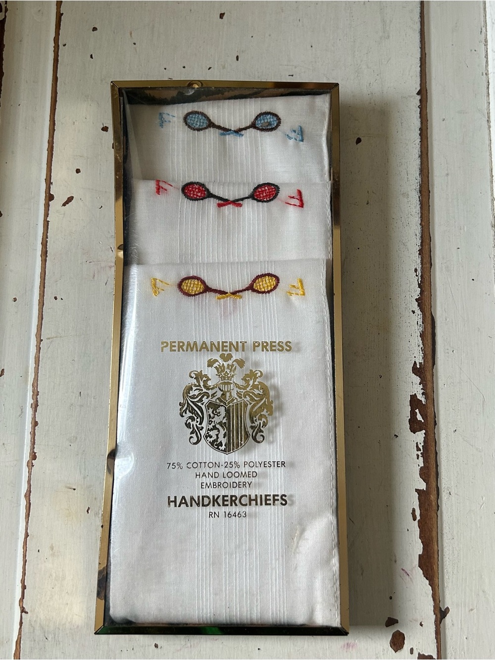 Vintage Men's Permanent Press Handloom Embroidery Handkerchiefs Tennis Rackets F